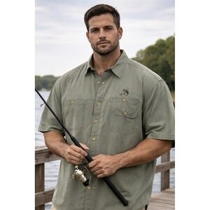 RedHead Mens Olive Green Short Sleeve Button Up Fishing Shirt Bass XL Oversized